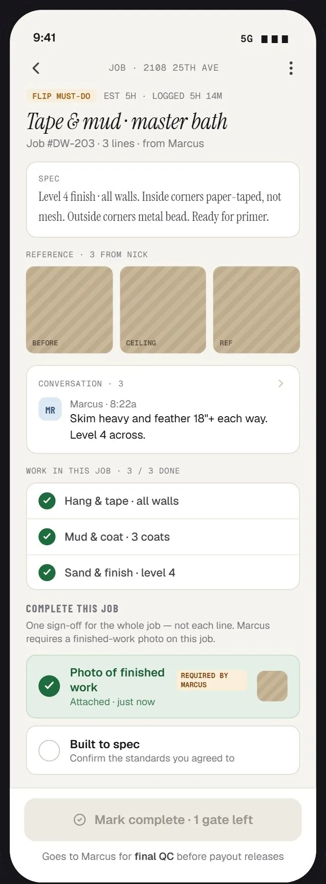 FLIP contractor portal completion screen with photo evidence and attestation