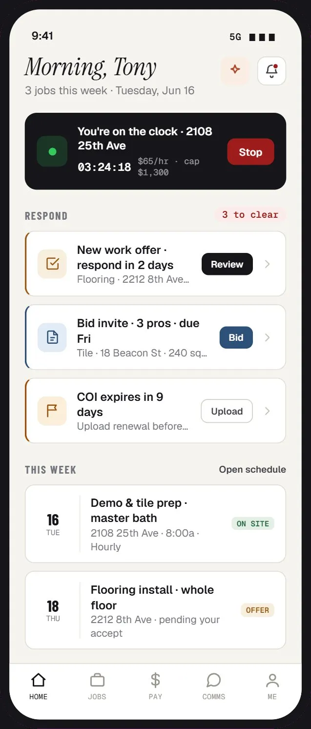FLIP contractor portal home screen with today’s jobs and a respond action