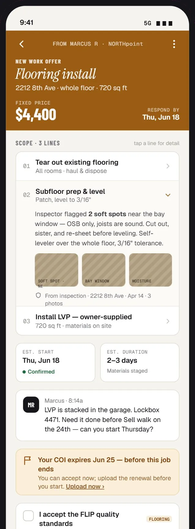 FLIP contractor portal showing a fixed-price work offer on a phone