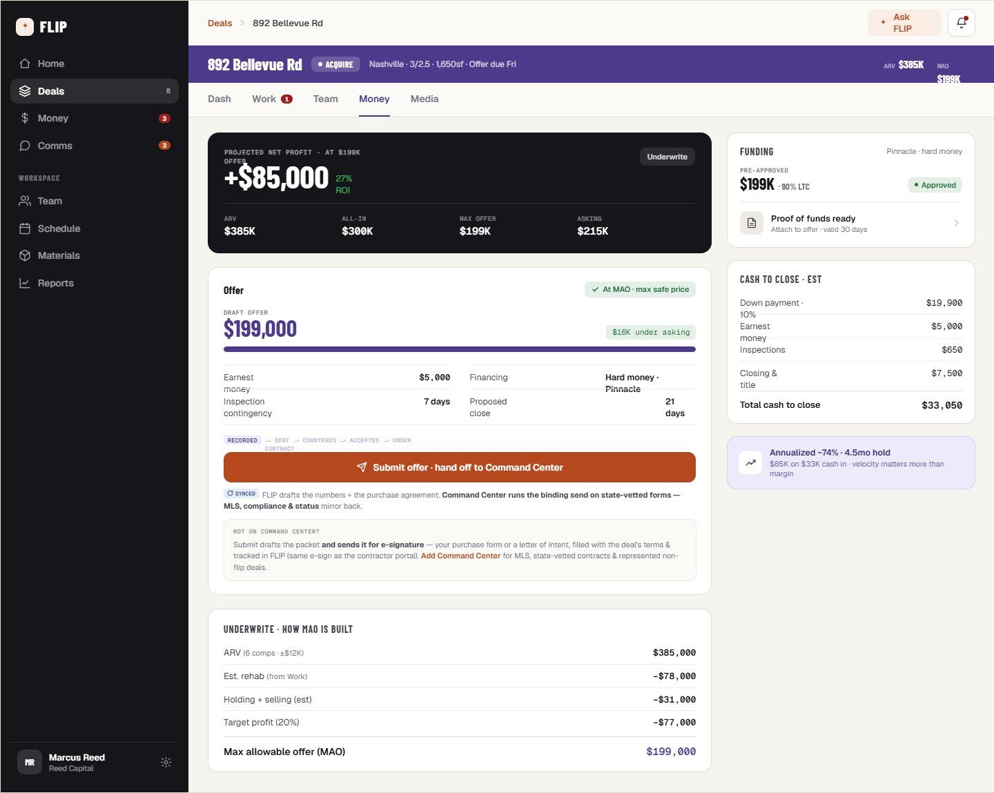 FLIP desktop — Acquire, showing the offer, funding and cash to close for a deal