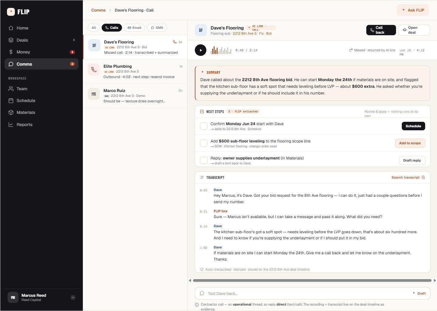 FLIP desktop — an AI line call detail showing the recording, transcript, summary and next steps