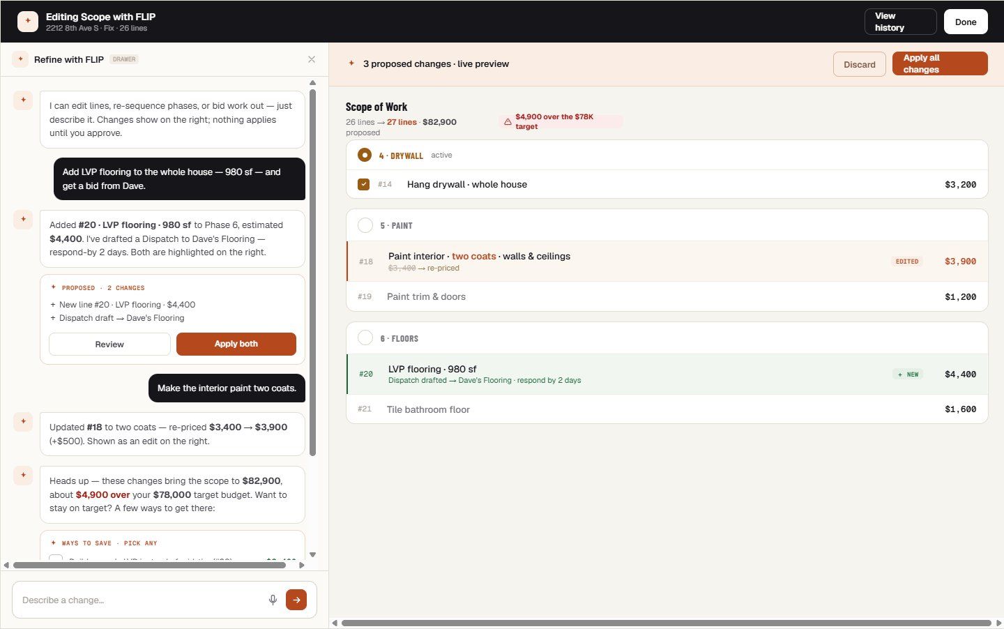 FLIP desktop — the scope editor, with Flip's drafted line items awaiting review