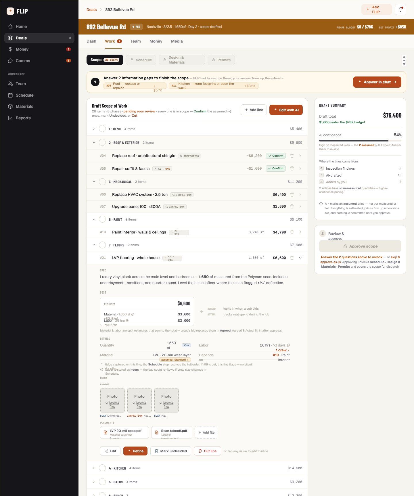 FLIP desktop — Fix, showing a draft scope of work priced line by line