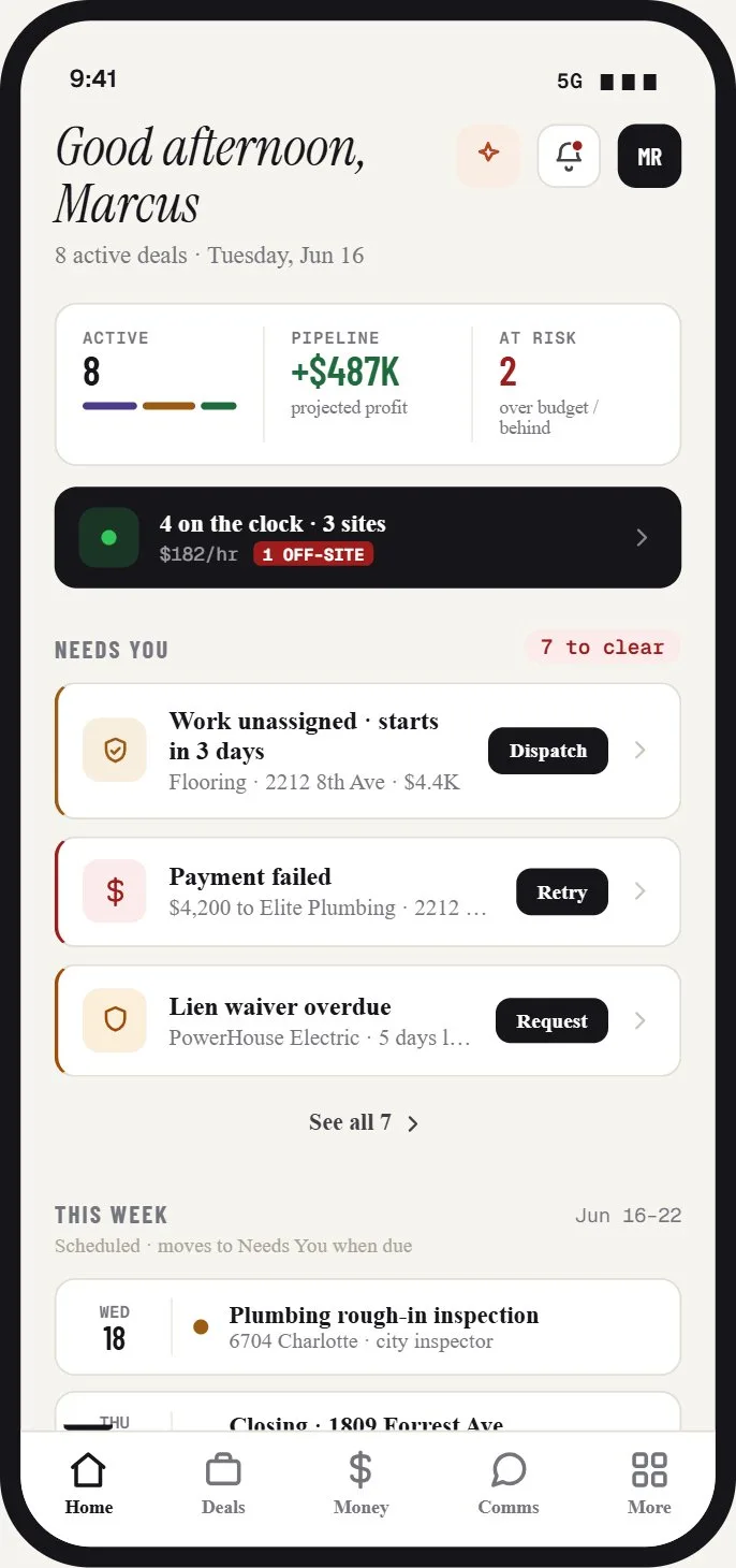 FLIP mobile app — the same operator home screen on a phone