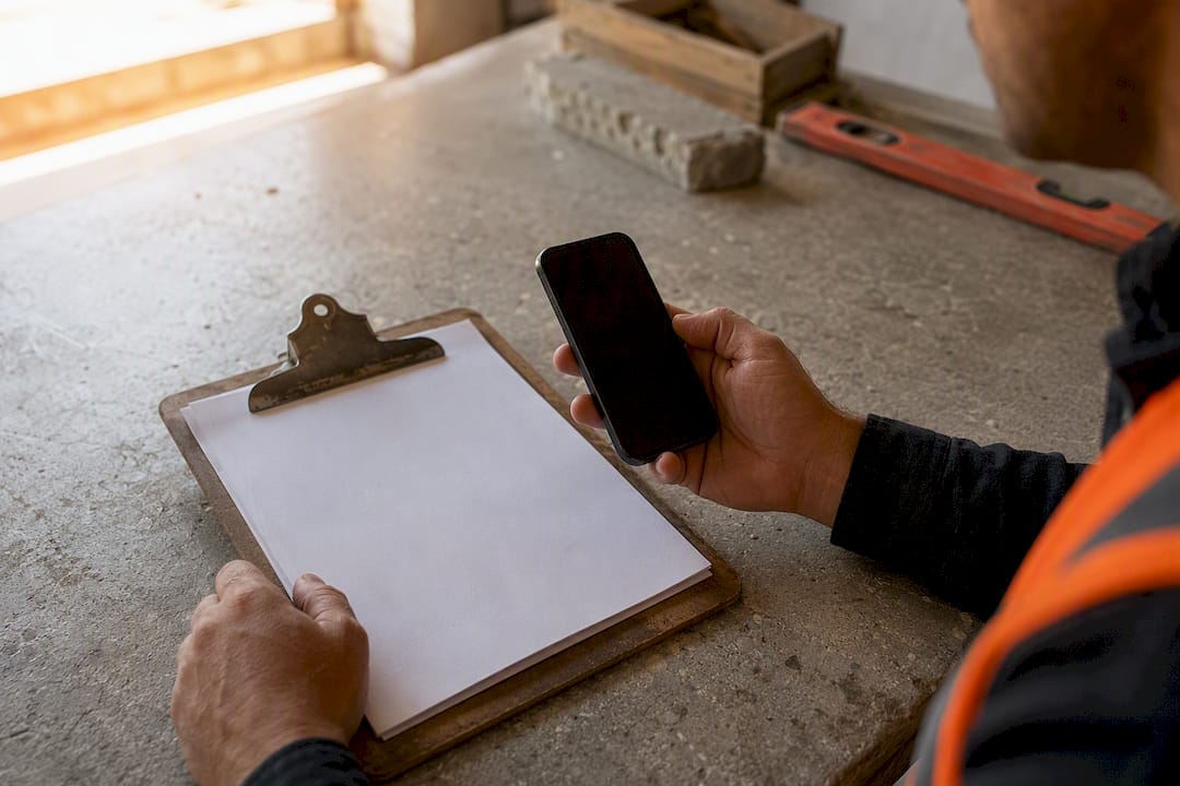 Hands holding smartphone with construction paperwork