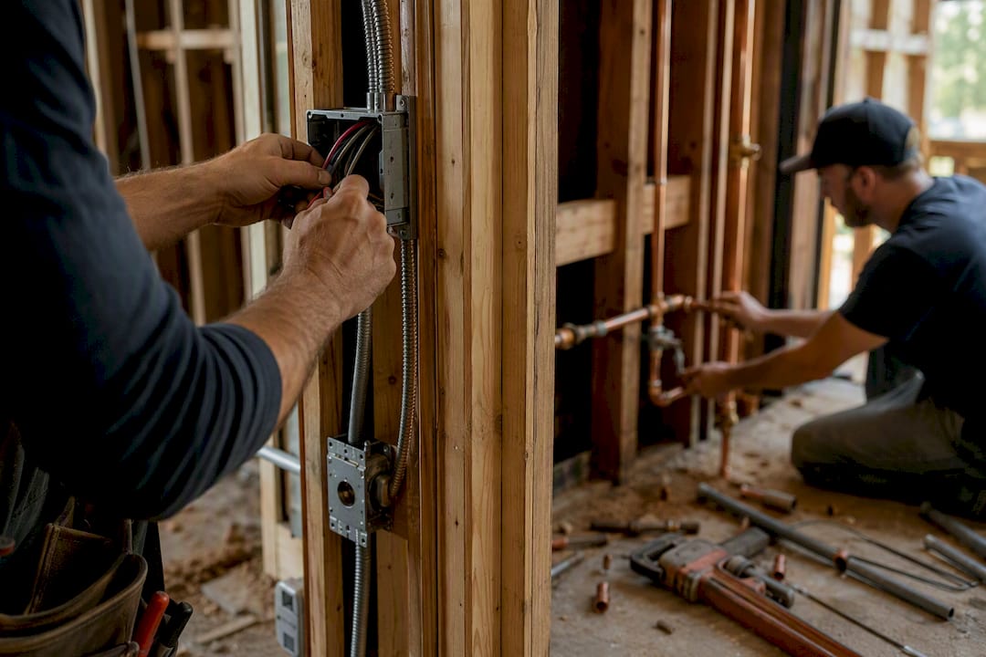 Electricians and plumbers working concurrently inside renovated house