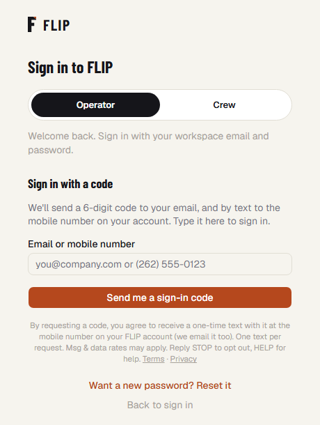 FLIP's 'Sign in with a code' screen: an email-or-mobile-number box, the 'Send me a sign-in code' button, and under it the consent sentence with Terms and Privacy links